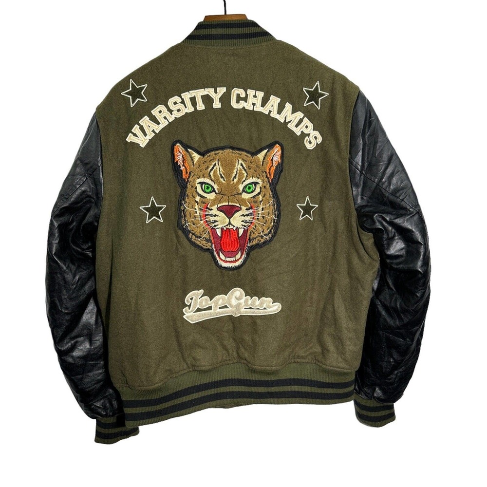 Top‎ Gun MA-1 Leopard Print Wool Bomber Varsity Jacket Embroidered Patches 4XL